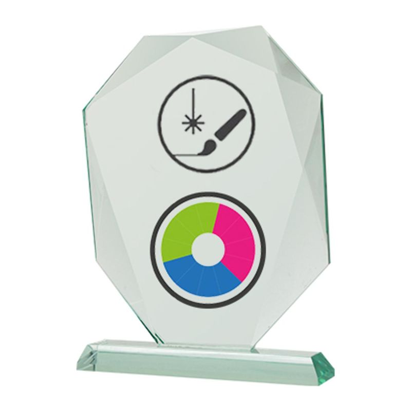 Glass trophy with LuxorJet color print, engraving, paint filling and case