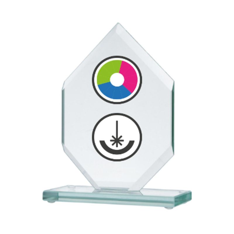 Glass trophy with LuxorJet color printing, engraving, and paint filling