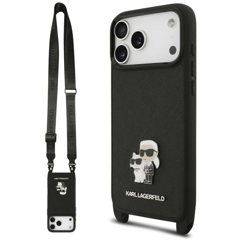 Karl Lagerfeld Saffiano Karl&Choupette Metal Pin CBDY Strap Case for iPhone 18 Pro Max / 17 Pro Max - Black