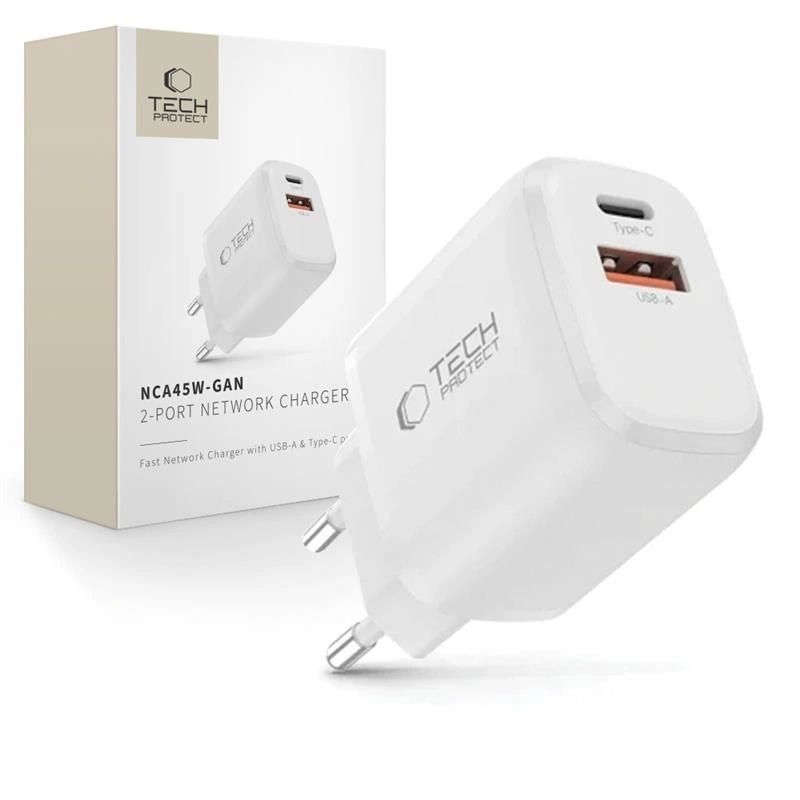 Tech-Protect NCA45W-GAN 2-Port USB-C / USB-A 45W Wall Charger - White