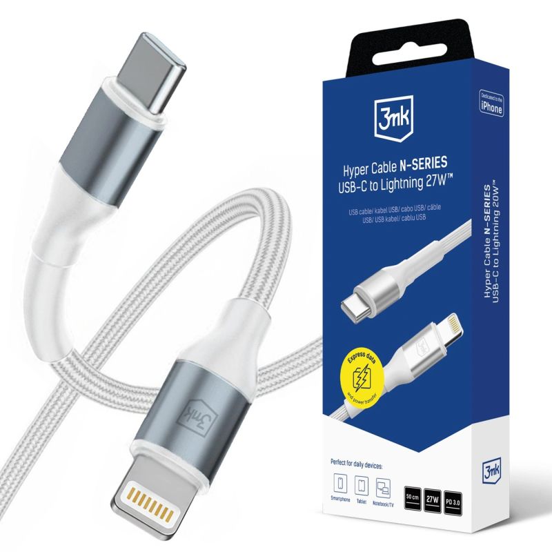 3mk Hyper Cable N-SERIES USB-C / Lightning 50cm PD 3.0 9V/3A 27W - white