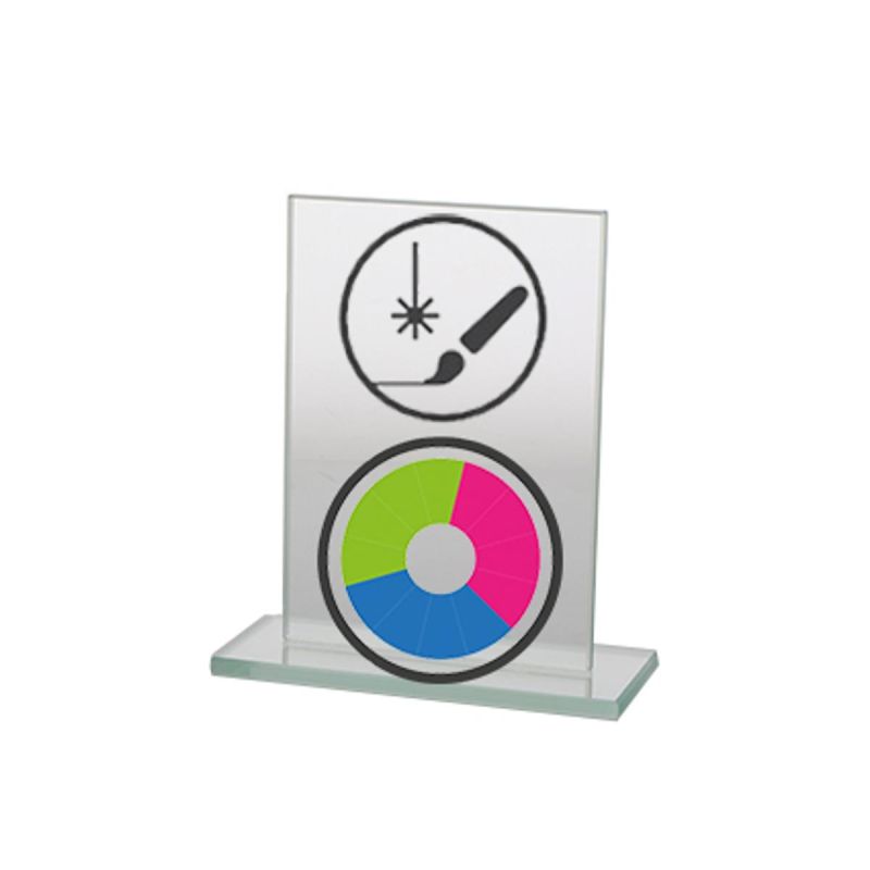 Glass trophy with LuxorJet color printing, engraving and paint filling