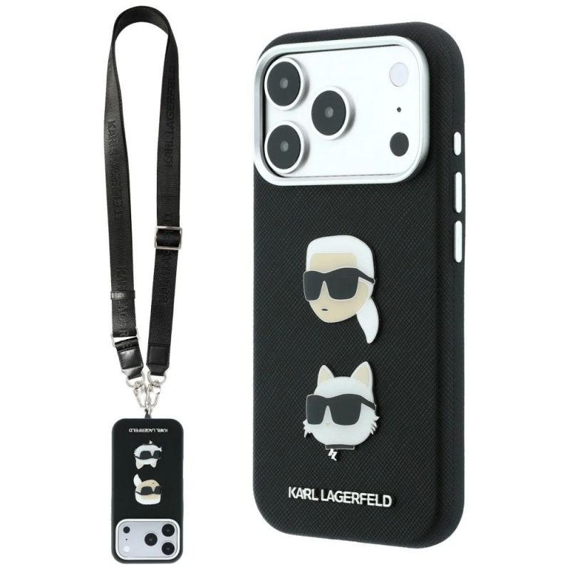 Karl Lagerfeld Saffiano Karl&Choupette Heads Pins Strap Logo Case for iPhone 18 Pro / 17 Pro - Black