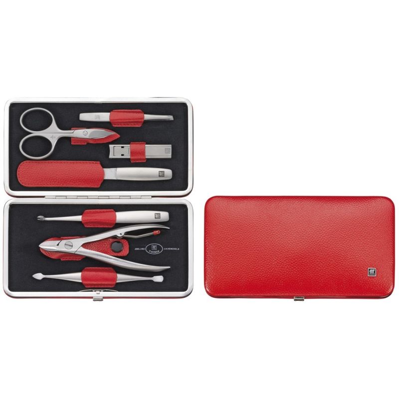 Zwilling Twinox Travel Set – Red Leather Case, 7 Pieces – Red