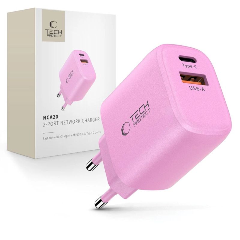 Tech-Protect NCA20 PD 20W QC3.0 USB-A / USB-C Wall Charger - Pink
