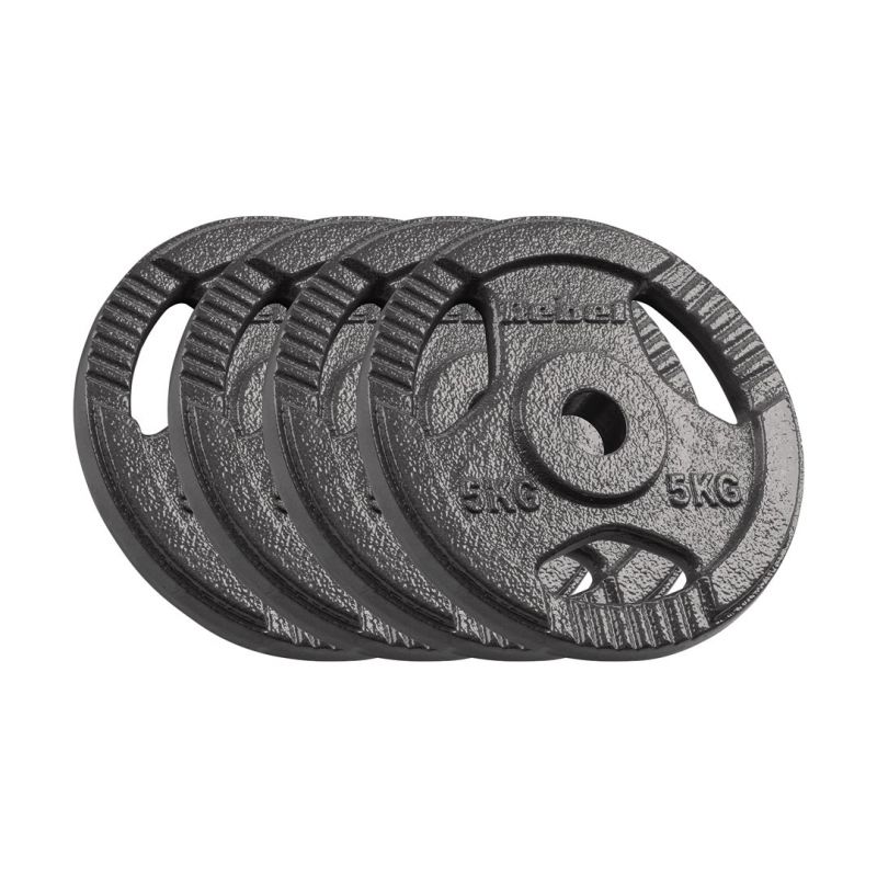 Set of 4 cast iron weight plates, 5 kg each, 31 mm hole, plates with handles, REBEL ACTIVE