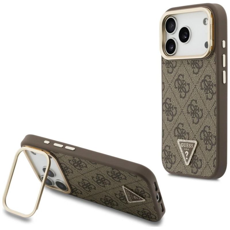 Guess 4G PU Triangle Logo & Stand Camera MagSafe Case for iPhone 18 Pro Max / 17 Pro Max – brown