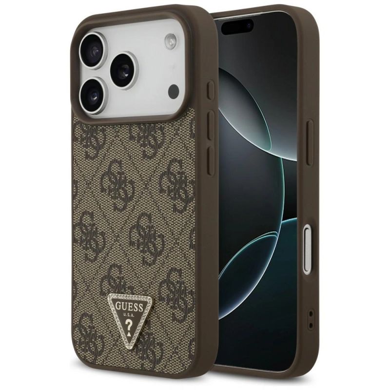 Guess Leather 4G Triangle Strass MagSafe Case for iPhone 18 Pro / 17 Pro - Brown