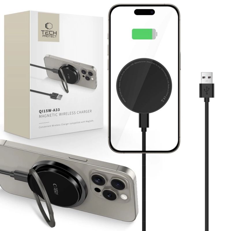 Tech-Protect QI15W-A33 Inductive Charger with MagSafe and Stand with USB-A / USB-C Cable - Black
