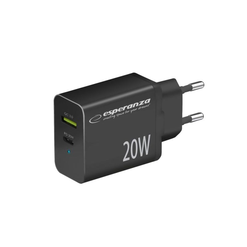 ESPERANZA 20 W USB-C PD 20 W / USB-A QC 3.0 18 W Mains Charger, Black EZC105K
