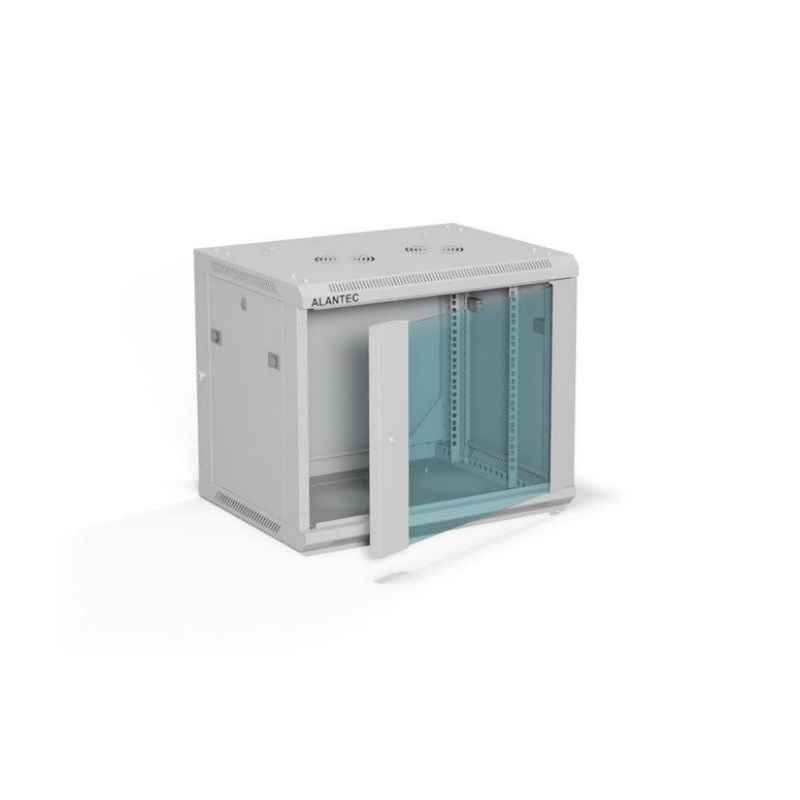 ALANTEC 19" 9U 600x450 Wall-Mounted Cabinet, Glass Door, Grey, Self-Assembly – Flat Pack (SW-9U-600-450-01-SF)