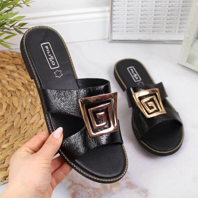 Black slippers with ornament W..