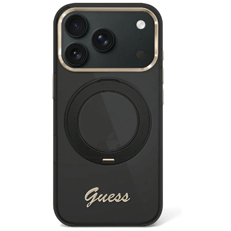 Guess IML Ring Stand 360 Script Metal Logo MagSafe Case for iPhone 17 Pro / 18 Pro - Black