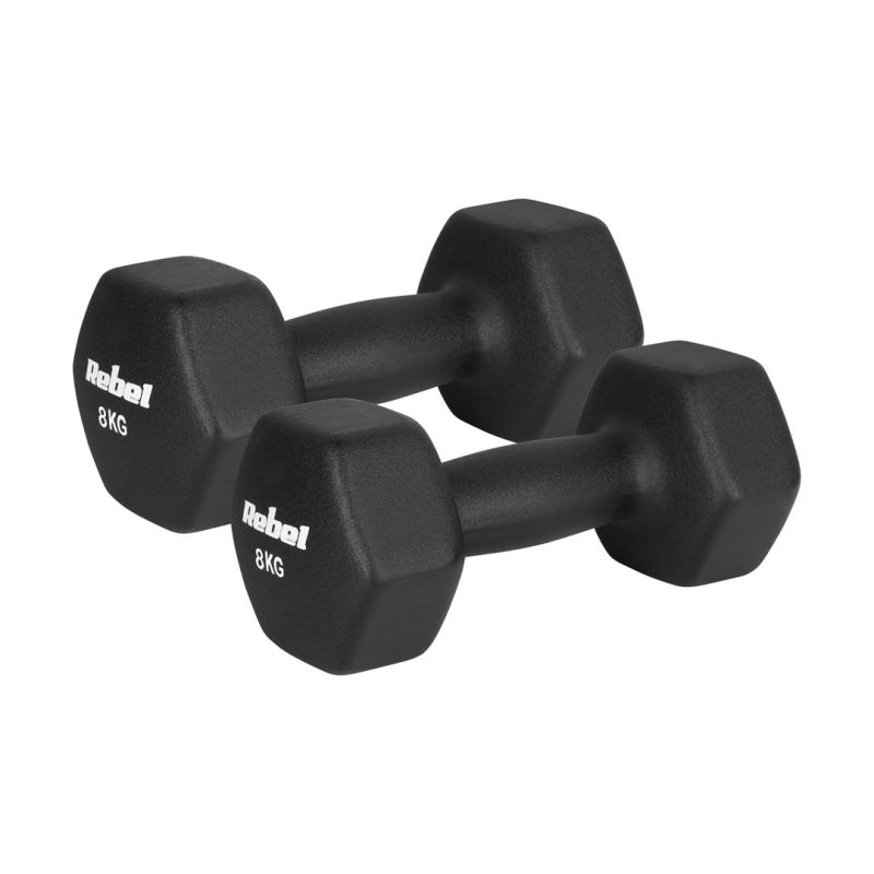 HEX 2x8kg Neoprene Cast Iron Dumbbells, REBEL ACTIVE