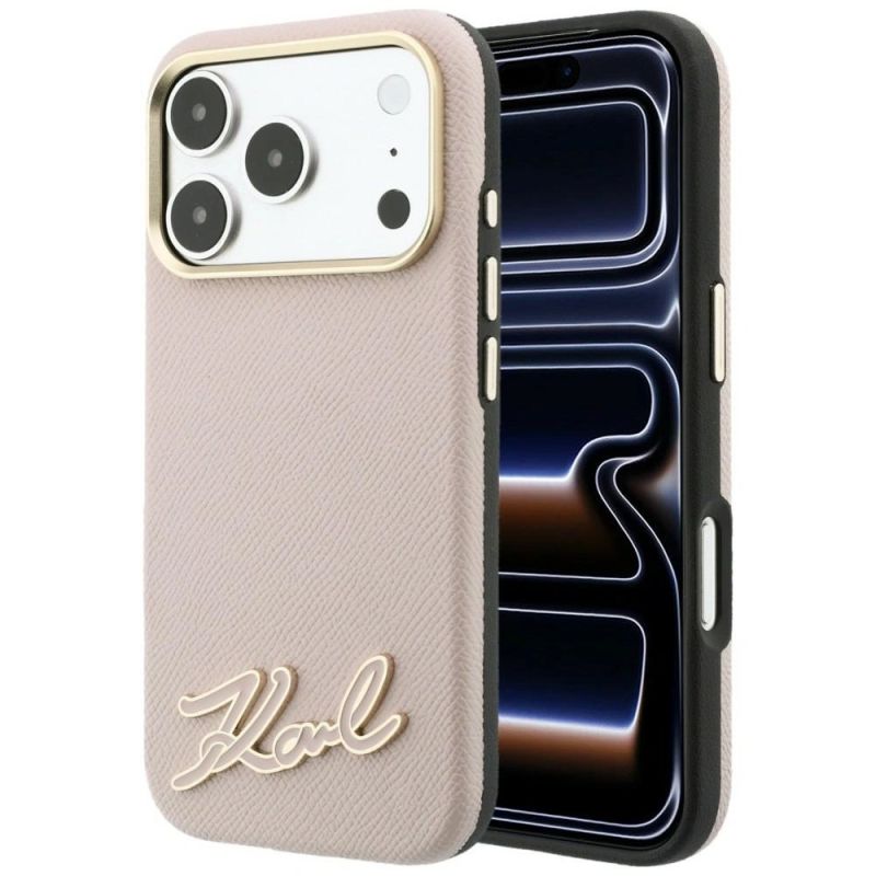 Karl Lagerfeld Grained with Resin Signature Logo MagSafe Case for iPhone 18 Pro Max / 17 Pro Max - Pink
