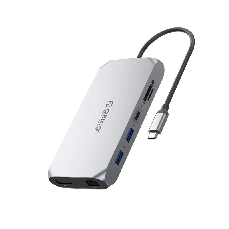Orico XCR 12in1 USB-C Docking Station 2x USB-A 3.1 1x USB-A 2.0 1x USB-C PD 100W 1x USB-C 3.1 2x HDMI 2.0 4K 60Hz 1x DisplayPort 1.4 4K 60Hz 1x SD 3.0 1x microSD 3.0 1x RJ45 Gigabit Ethernet 1x audio CTIA 3.5mm - Gray