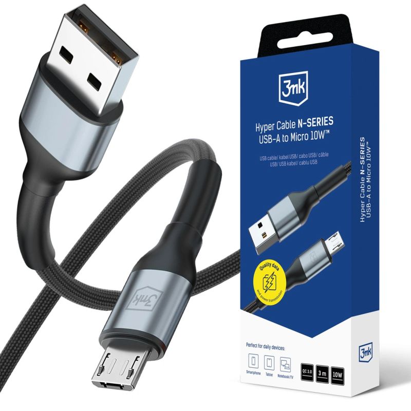 3mk Hyper Cable N-SERIES USB-A / MicroUSB 3m QC 3.0 5V/2A 10W - black