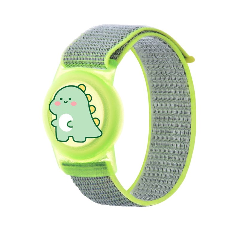 AirTag Case with Strap for Kids, Nylon, for Wrist - with Dinosaur and Green Strap