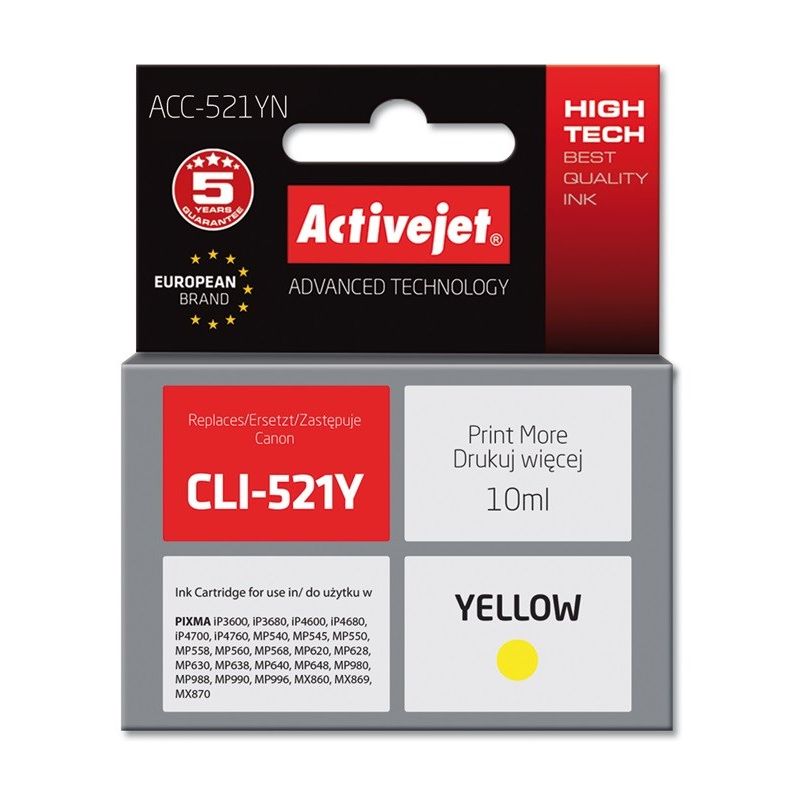 Activejet ACC-521YN Ink (Canon CLI-521Y replacement; Supreme; 10 ml; yellow)