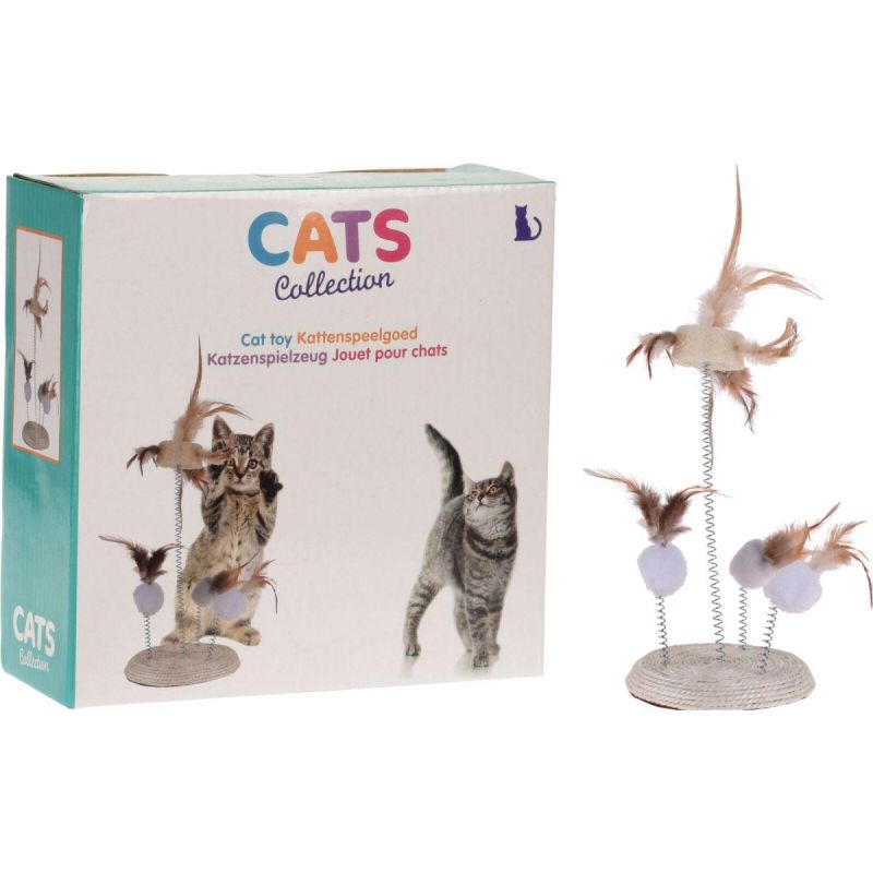 CAT TOY, FEATHERS ON SPRINGS ON A SCRATCHING POST BASE 14X33CM