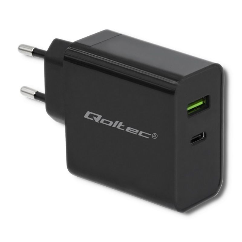 QOLTEC WALL CHARGER 42W | 5-20V | 2.25-3A | USB TYPE C PD | USB | BLACK