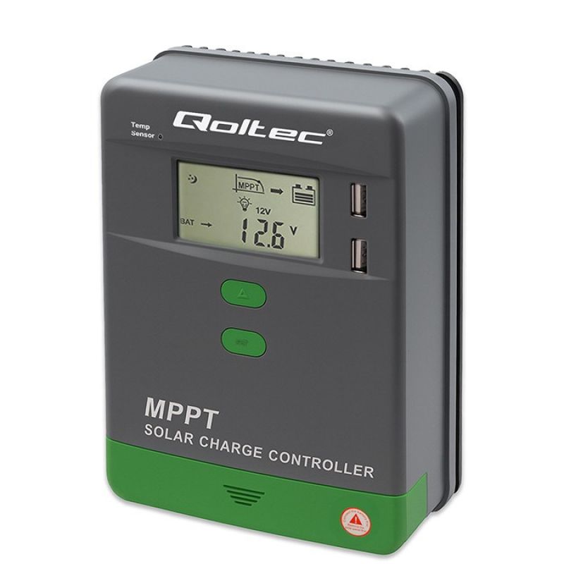 Qoltec 53663 MPPT solar charge controller with temperature sensor 40A | 12V / 24V | LCD | 2 x USB | Bluetooth | APP | GEL | LiFePO4