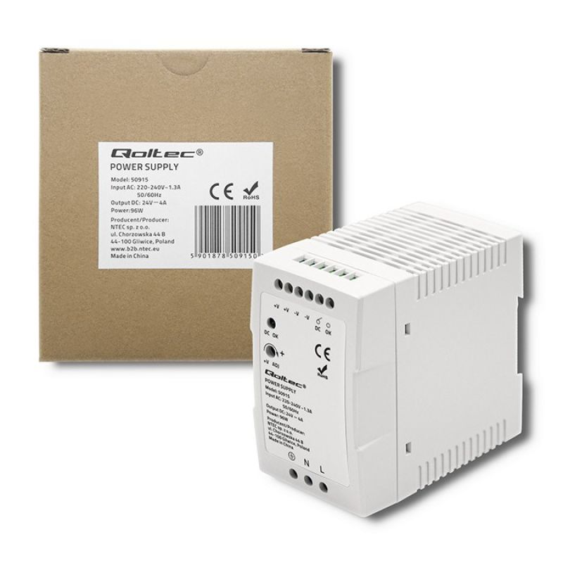 Qoltec DIN Rail Power Supply | 96W | 24V | 4A | White | Slim