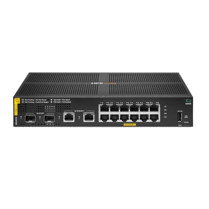HPE Aruba Networking CX 6000 12p 10M/100M/1G Class4 PoE 2p SFP 1G 139W Managed Switch L3 Gigabit Ethernet (10/100/1000) PoE Support 1U