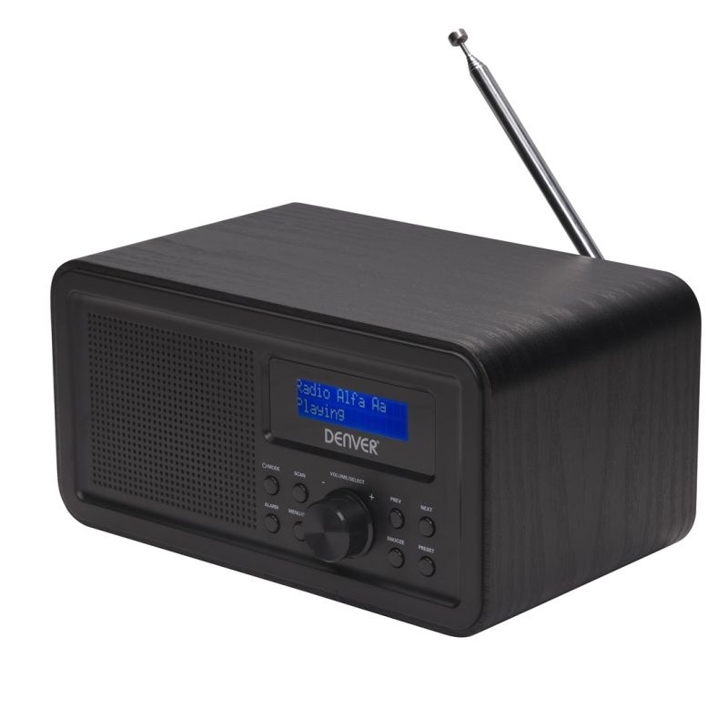 DENVER DAB-30 DAB+/FM mains/4×AA radio with black wooden housing