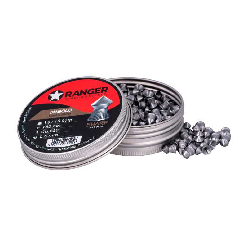 5.5 mm RANGER Diabolo Classic Sharp Grooved pellets, knurled tip, 250 pcs., 1.00 g