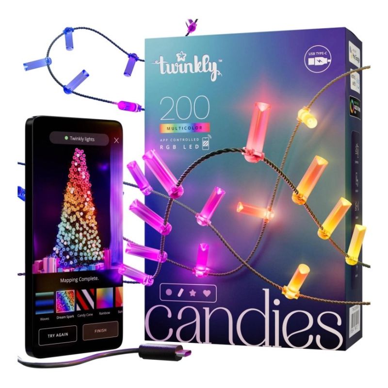 Twinkly Candies – 200 candle-shaped RGB LED lights, green cable, USB-C