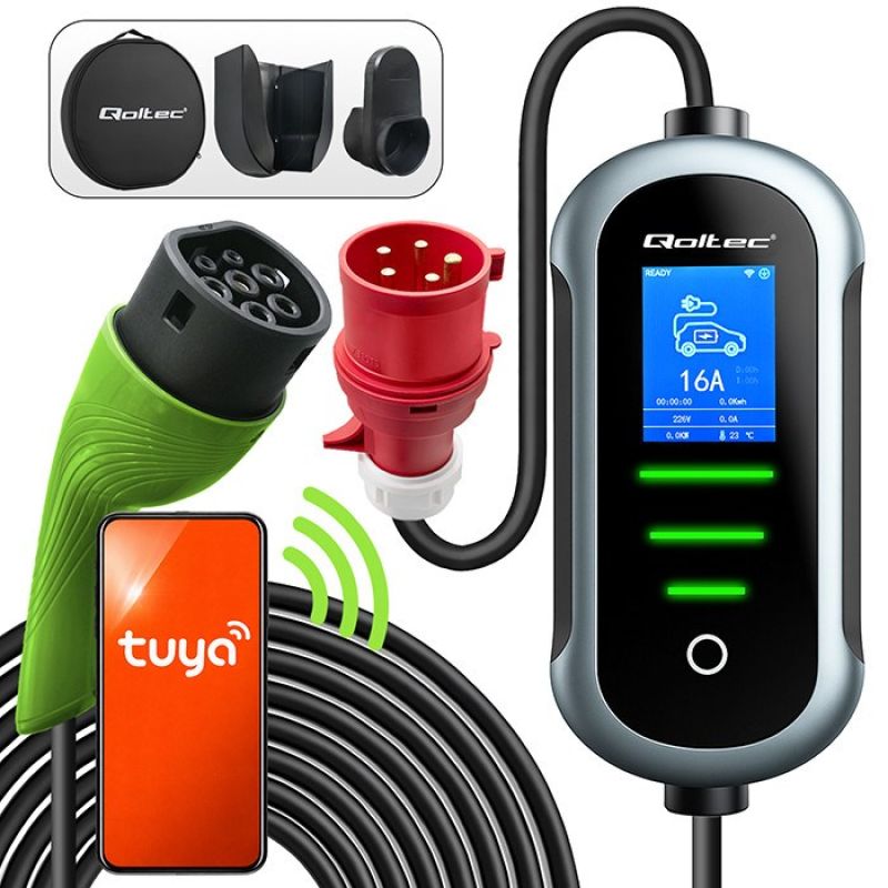 Qoltec Portable EV Charger for Electric and Hybrid Vehicles, Adjustable, 2-in-1 Type 2 | 7 kW | 230 V | CEE 32 A | Wi-Fi | TUYA | SMART LIFE | LCD | Portable | Wallbox | 5 m
