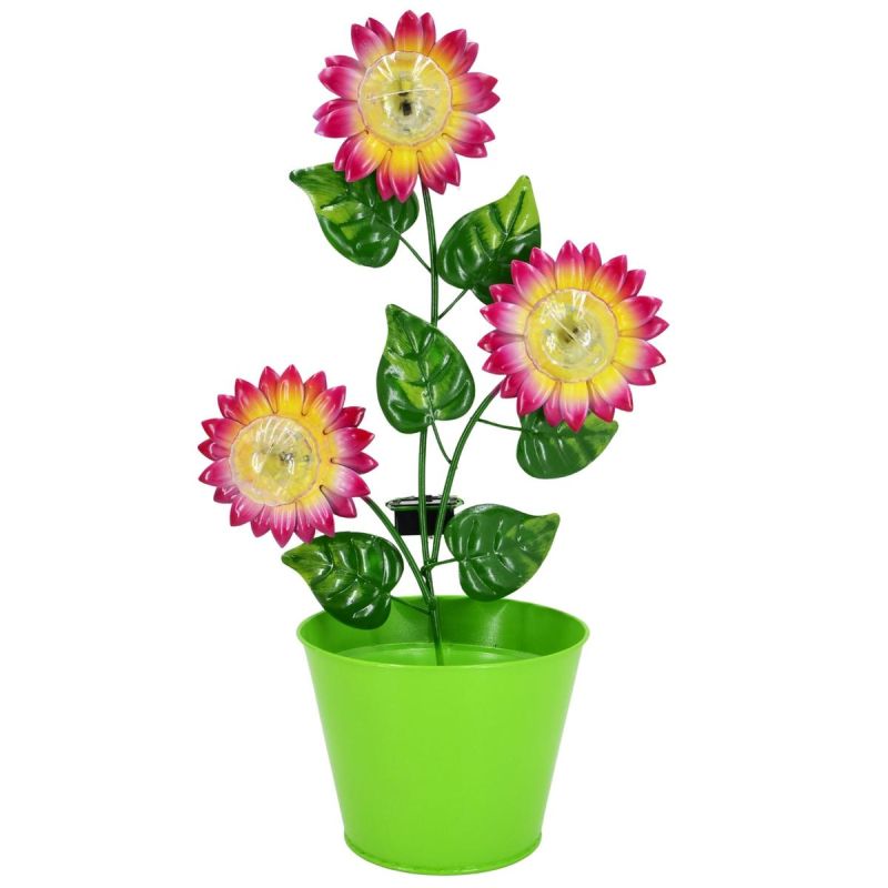 SOLAR LAMP SUNFLOWERS IN A GREEN FLOWER POT