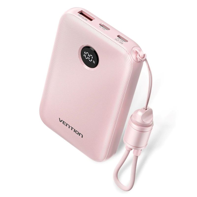 Vention 10000 mAh Power Bank with 2 USB-C and 1 USB-A Ports, Display, 22.5 W, Pink