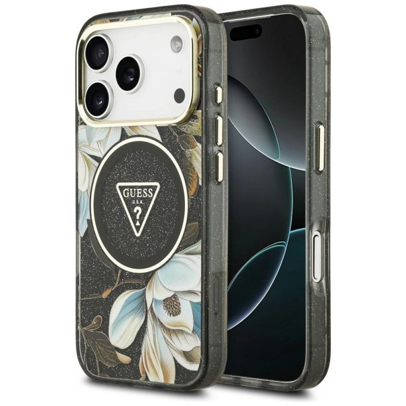 Guess IML Glitter Flowers Triangle MagSafe Case for iPhone 18 Pro Max / 17 Pro Max – Black