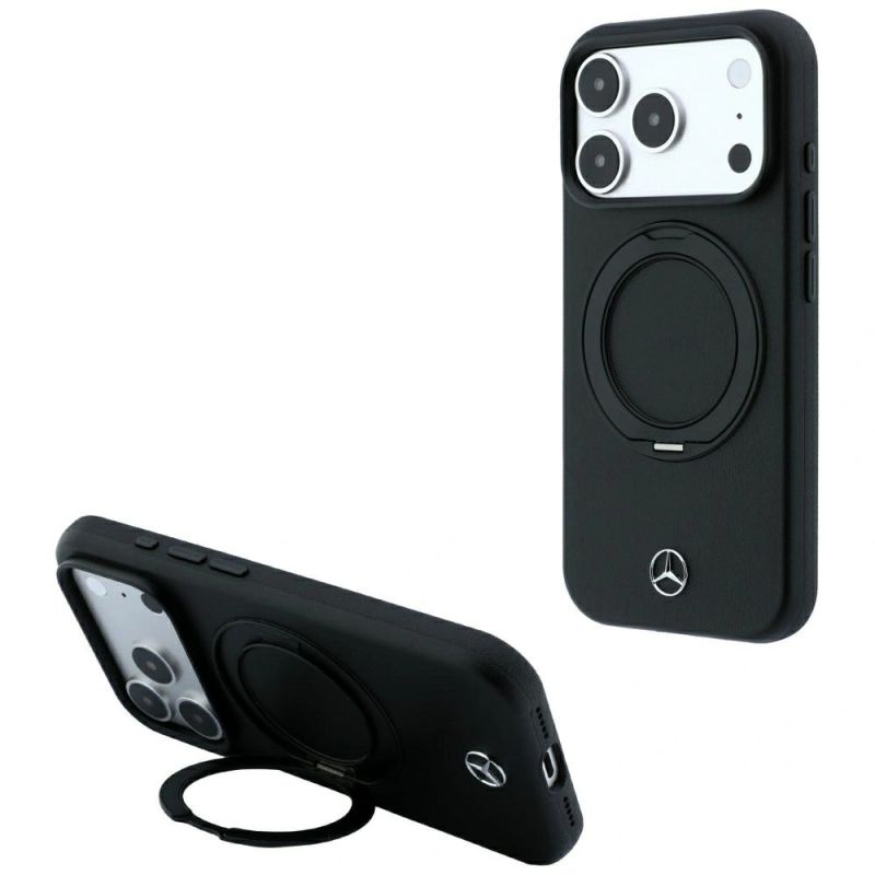 Mercedes Leather with Ring Stand MagSafe Case for iPhone 18 Pro Max / 17 Pro Max / 17 Pro Max - Black