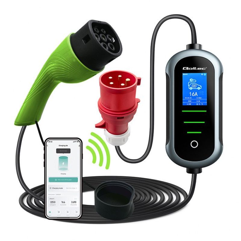Qoltec Portable EV and Hybrid Car Charger with Adjustable 2-in-1 Type 2 Charging | 22 kW | 400 V | CEE 32 A | Wi-Fi | TUYA | SMART LIFE | LCD | Portable | Wallbox | 7 m