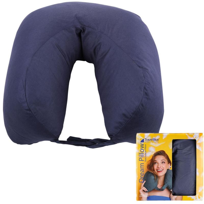 TRAVEL BLUE CRESCENT-SHAPED TRAVEL PILLOW WITH NATURAL GOOSE FEATHERS