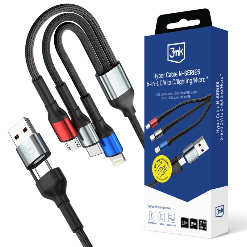 3mk Hyper Cable N-SERIES 6 in 1 USB-C / USB-A to USB-C / Lightning / Micro 1.2m QC 3.0 9V / 2A 18W - black