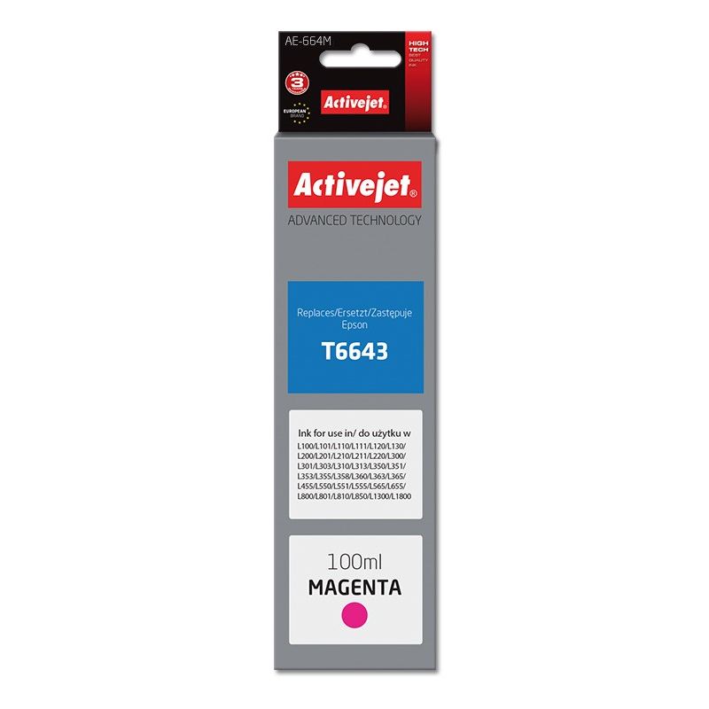 Activejet AE-664M Ink Bottle (Epson T6643 replacement; Supreme; 100 ml; red)