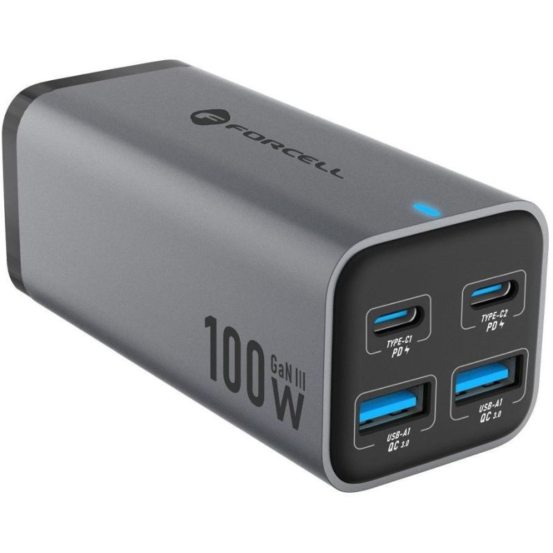 Forcell F-Energy GaN III Desktop Charger 2x USB-C 2x USB-A QC 4.0 PD 5A 100W VT-49 Gray