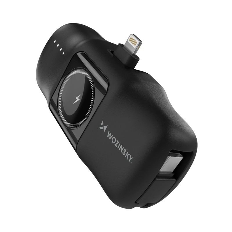 Wozinsky WF16-YLS 5000mAh 15W Lightning Mini Power Bank with Built-in USB-C Cable and Apple Watch Charger - Black