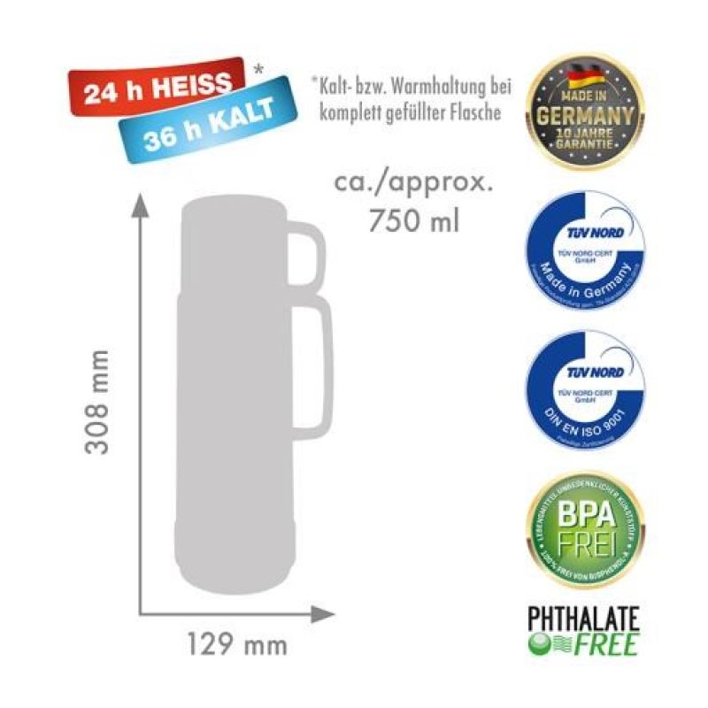 ROTPUNKT Glass Vacuum Flask, Capacity 0.750 l, POLAR-EL.-SU