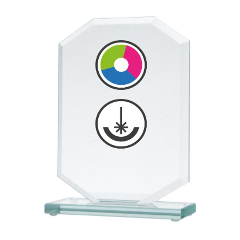 Glass trophy with LuxorJet color printing, engraving, and paint filling
