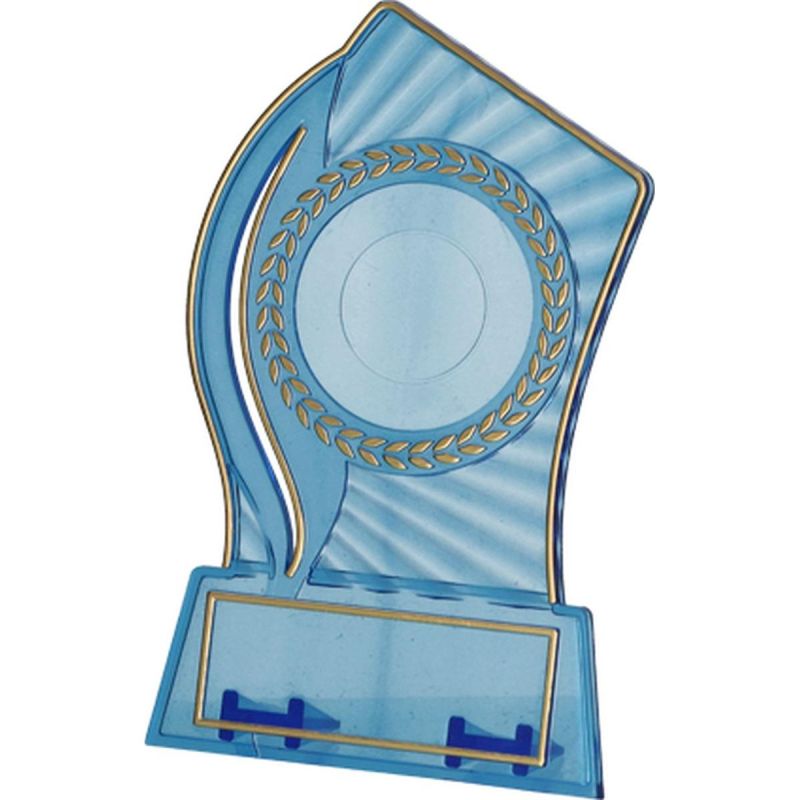 Plastic trophy - transparent - gold with space for a 25/40mm sticker and a 56mmX18mm TM plaque
