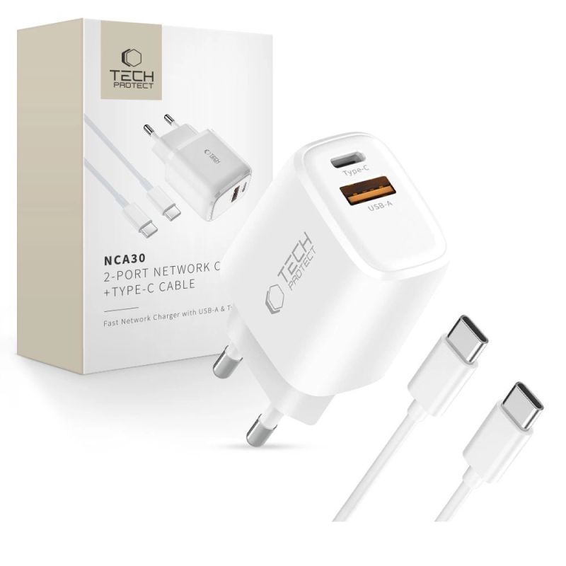 Tech-Protect NCA30 PD 30W QC3.0 USB-A / USB-C Wall Charger + USB-C / USB-C Cable 100cm - White