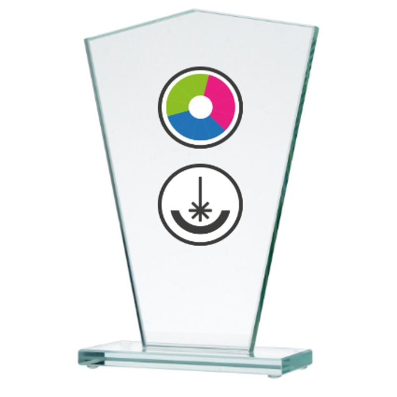 Glass trophy with LuxorJet color printing, engraving, and paint filling