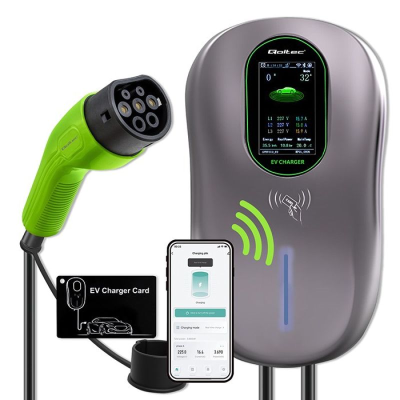Qoltec EV Charging Station 2in1 Type2 22kW Wi-fi LCD RFID 3 Phase Wallbox 5m