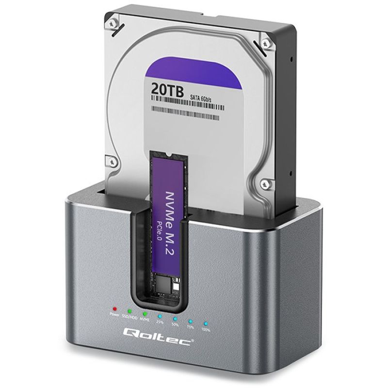 Qoltec 52631 HDD SSD Docking Station | SATA | M.2 NVMe | Cloning | USB-C | 10Gb/s | 28TB