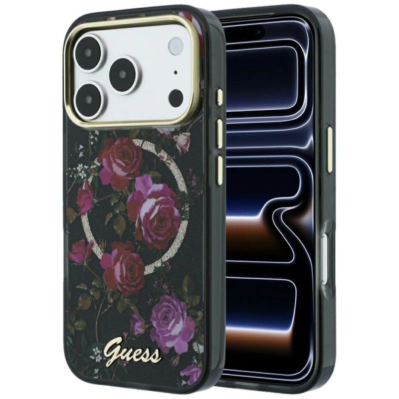 Guess IML Glitter Blossom Roses MagSafe Case for iPhone 18 Pro Max / 17 Pro Max – black